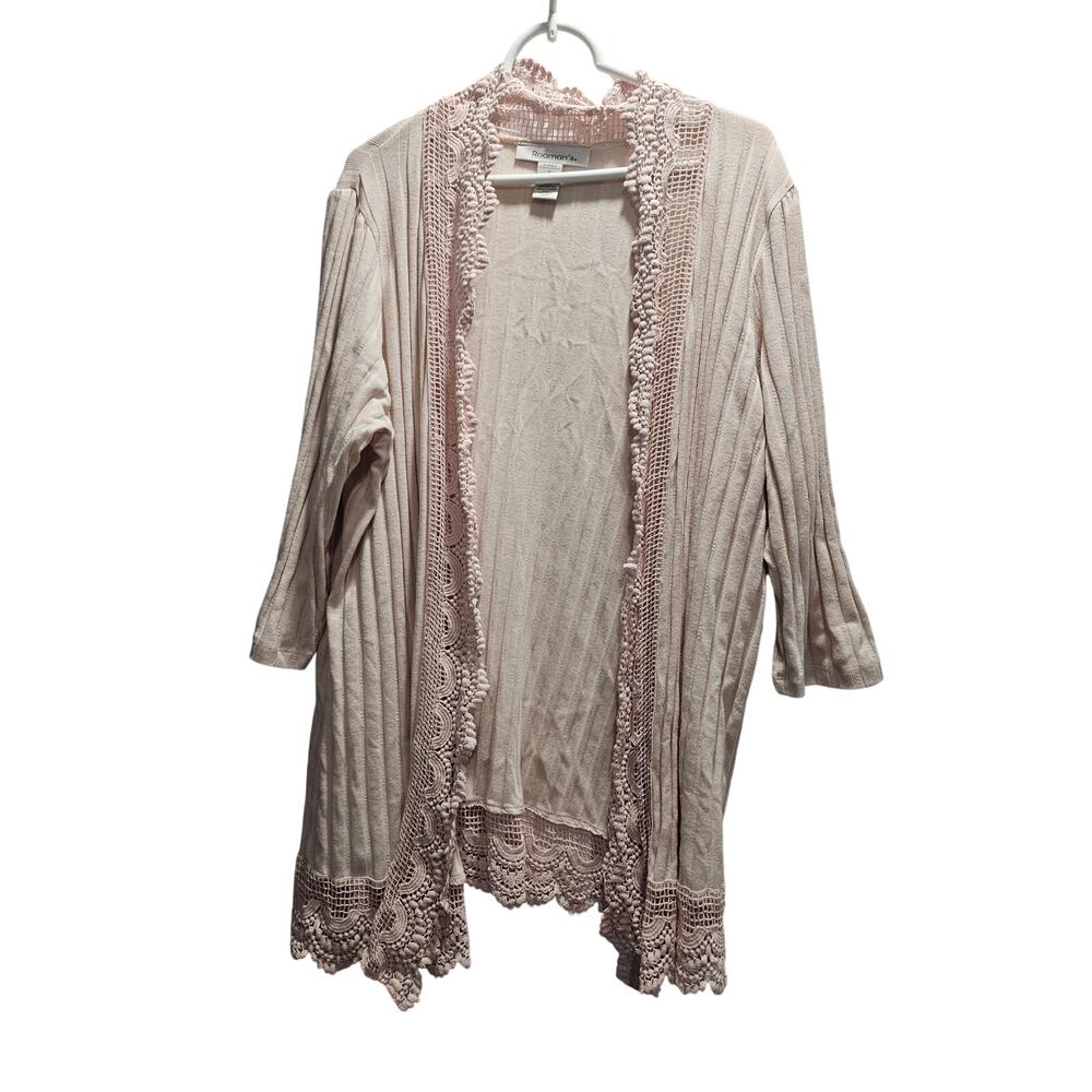Roaman’s Blush Pink Lace Trim Ribbed Open Front Cardigan 1X Cottagecore